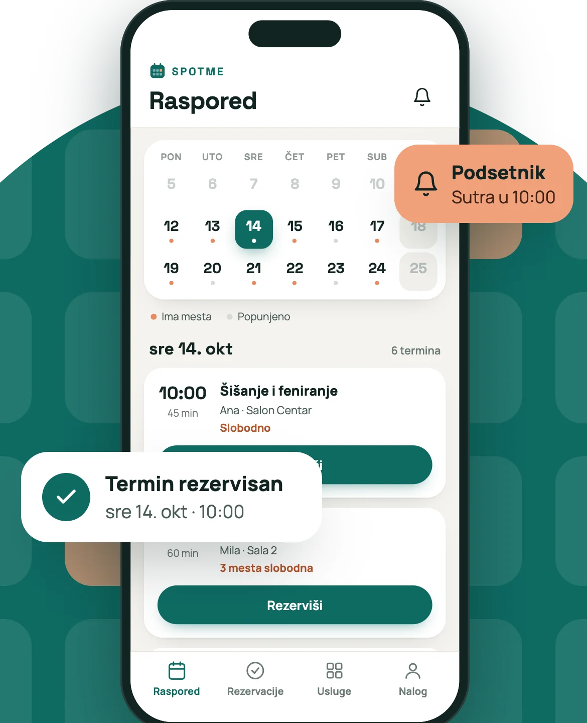 Aplikacija SpotMe: kalendar sa slobodnim terminima, potvrda rezervacije i podsetnik